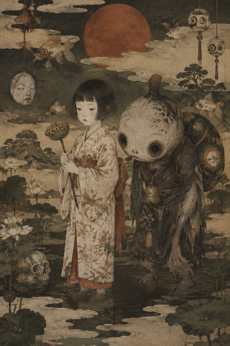 Girl and Yokai in Pond — output 1