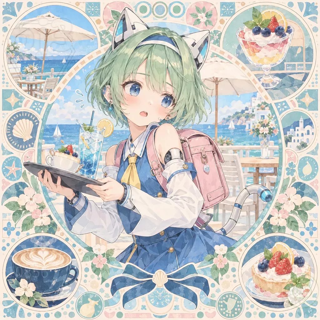 Seaside Cafe Medallion Illustration — output 1