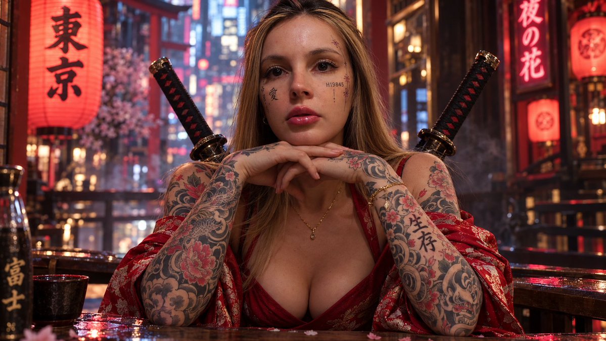Cyberpunk Japanese Portrait with Tattoos — output 1
