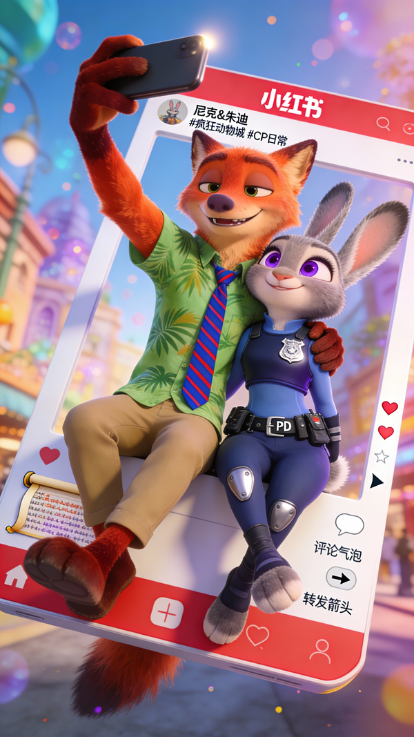 Nick and Judy Xiaohongshu-Style Fourth-Wall-Breaking Selfie — output 1