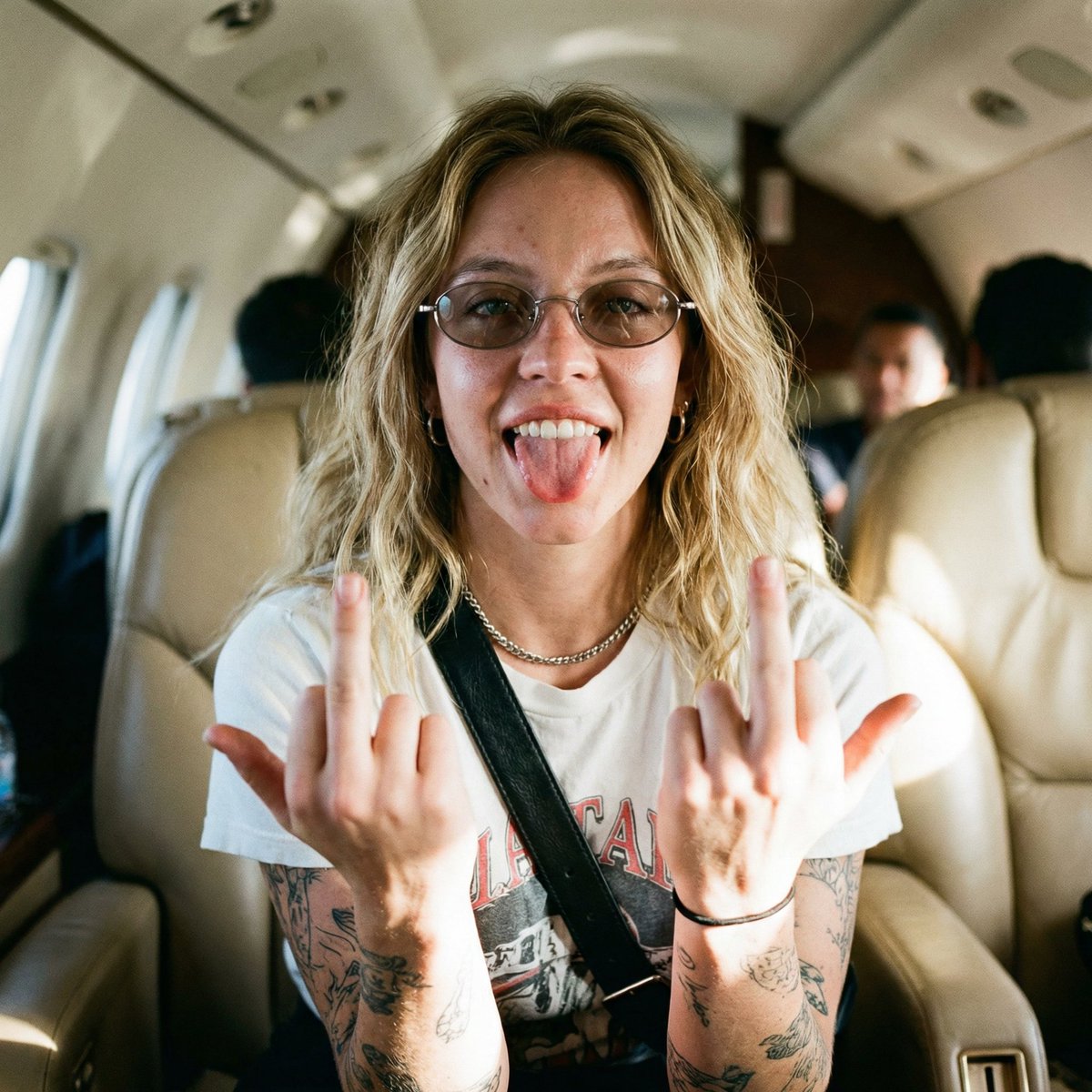 Social Media Post - Unfiltered Paparazzi-Style Portrait in a Private Jet — output 1