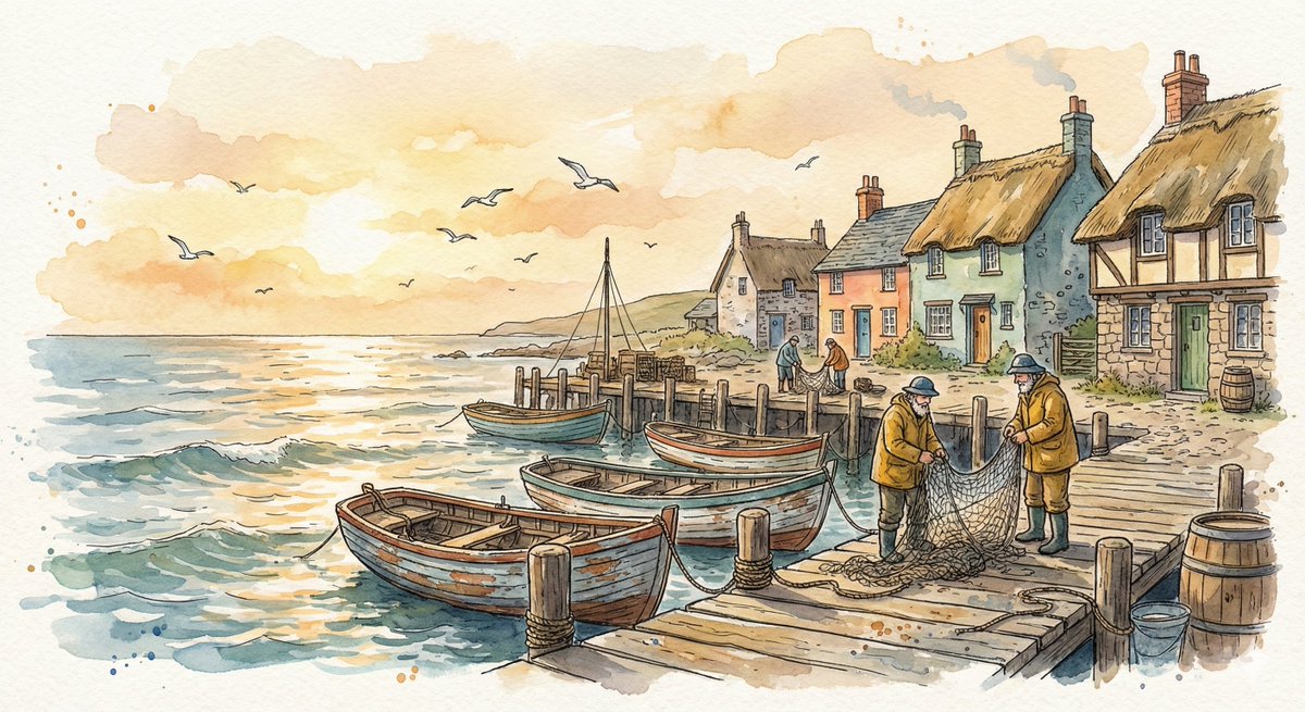 Poster / Flyer - Watercolor Illustration of a Cozy Seaside Harbor Village — output 1