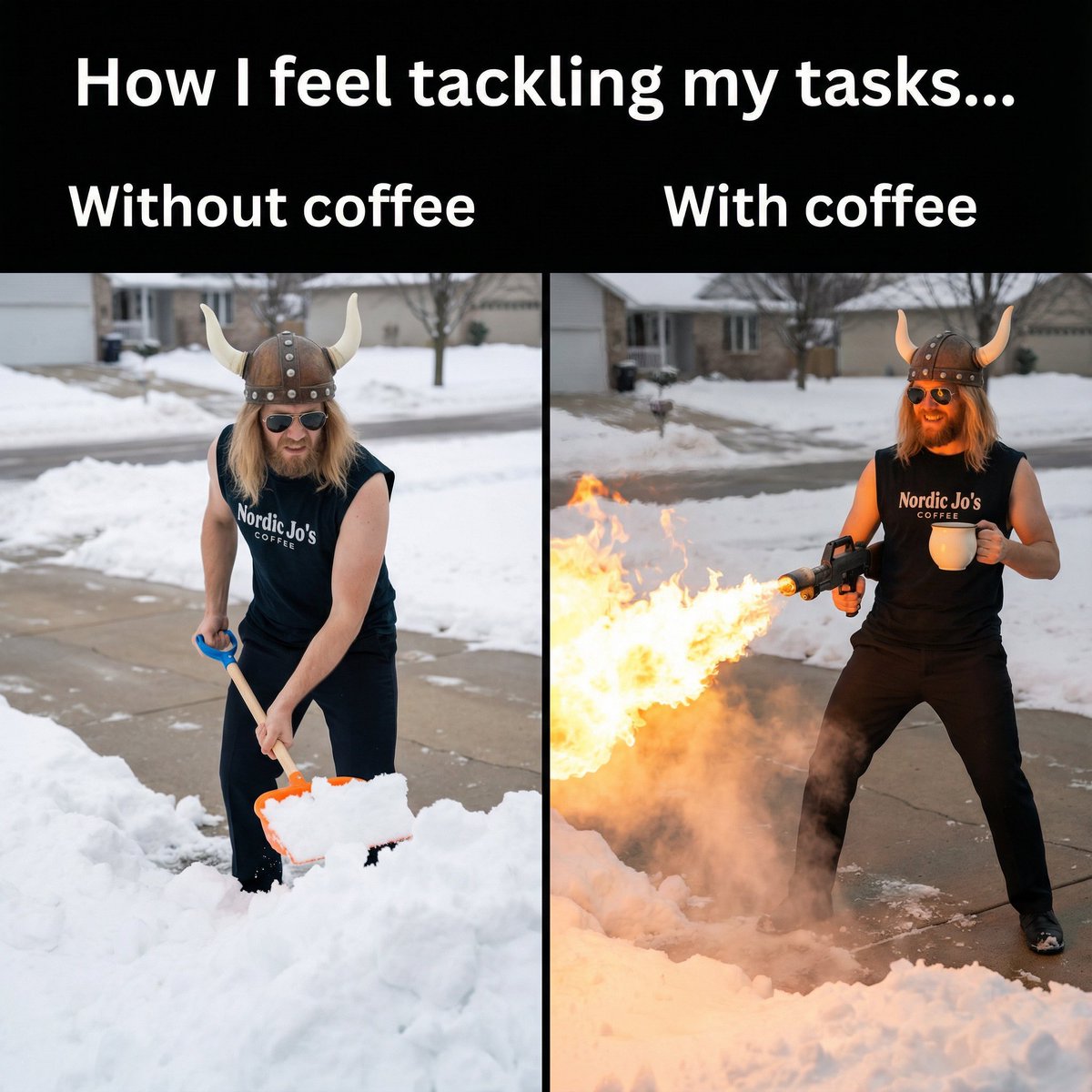 Social Media Post - Meme: Shoveling Snow with/without Coffee — output 1