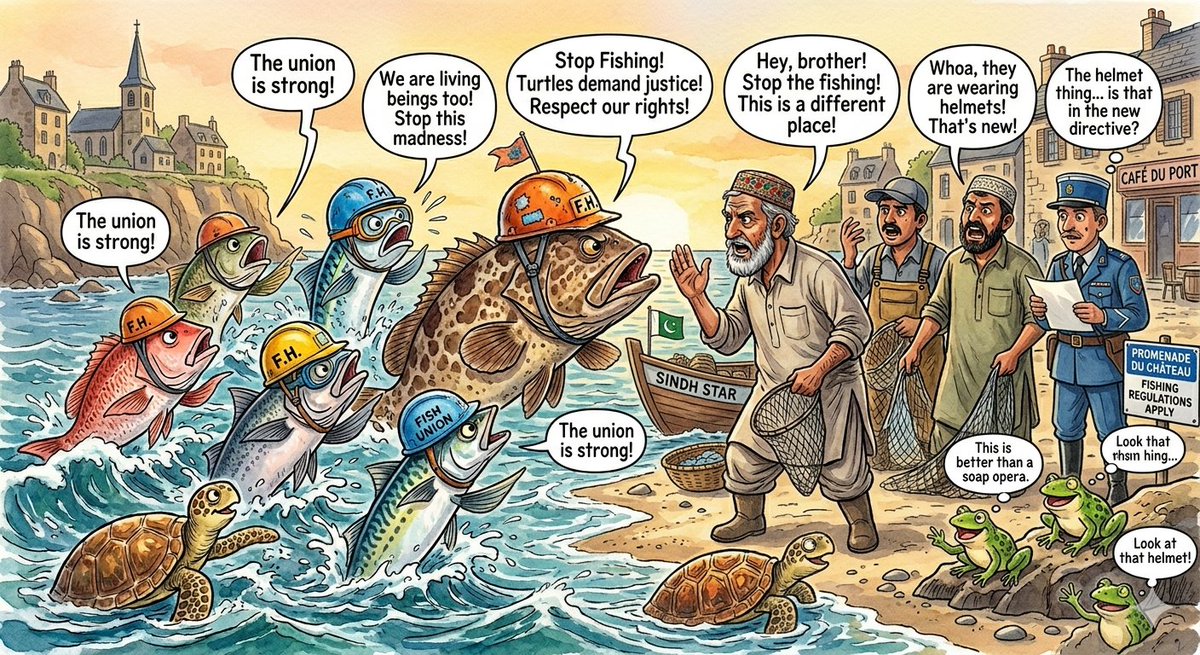Comic / Storyboard - Protesting Fish on a French Seaside โ output 1