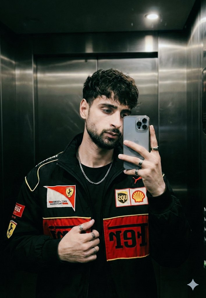 Cinematic mirror selfie in a stainless-steel elevator — output 1