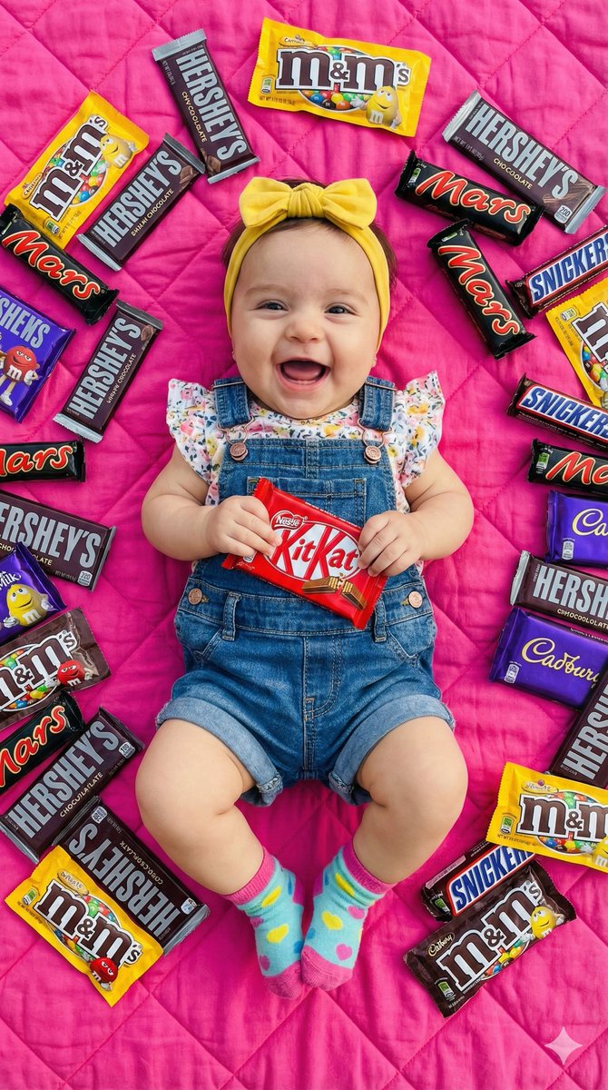 Ultra-Realistic Flat Lay of Baby with Chocolate Brands — output 1