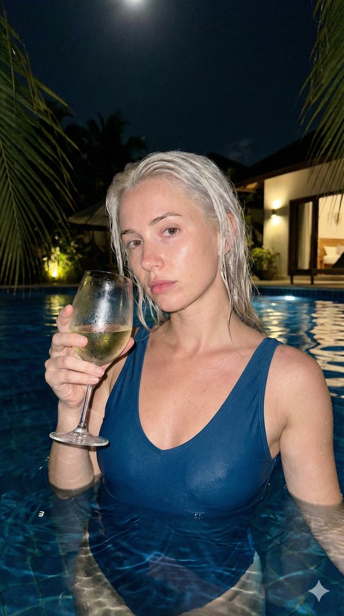 Photorealistic Night Pool Candid with Wet Hair and Wine Glass — output 1