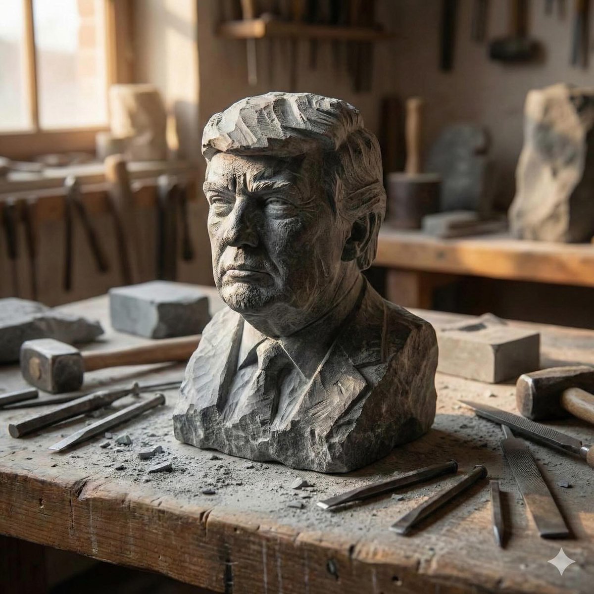 Stone-carved statue on a sculptor's workbench prompt — output 1