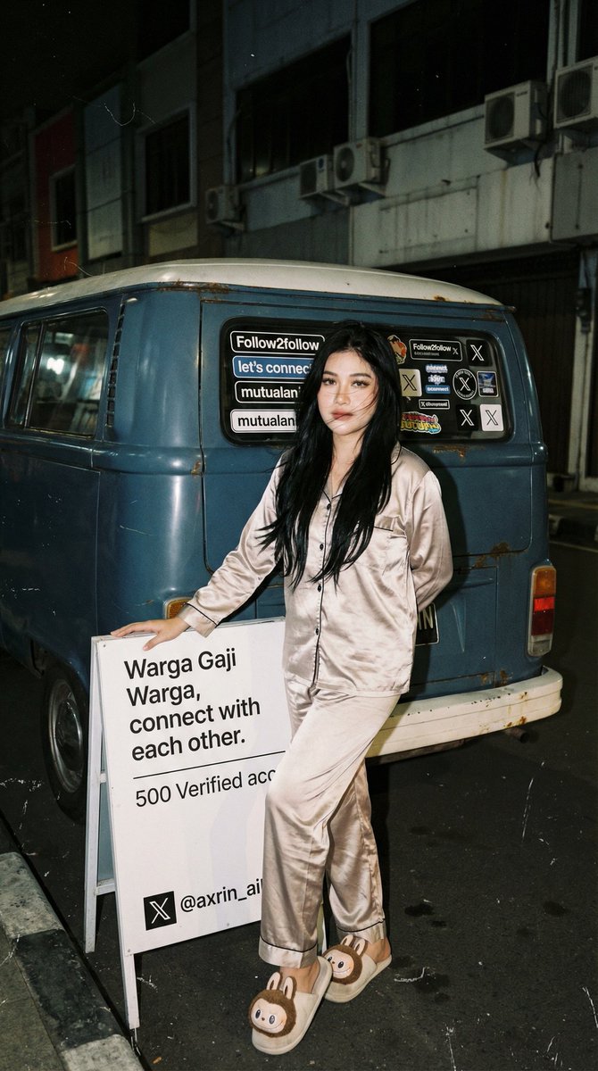 Social Media Post - Analog 35mm Flash Photo of Woman by VW Combi Van at Night — output 1