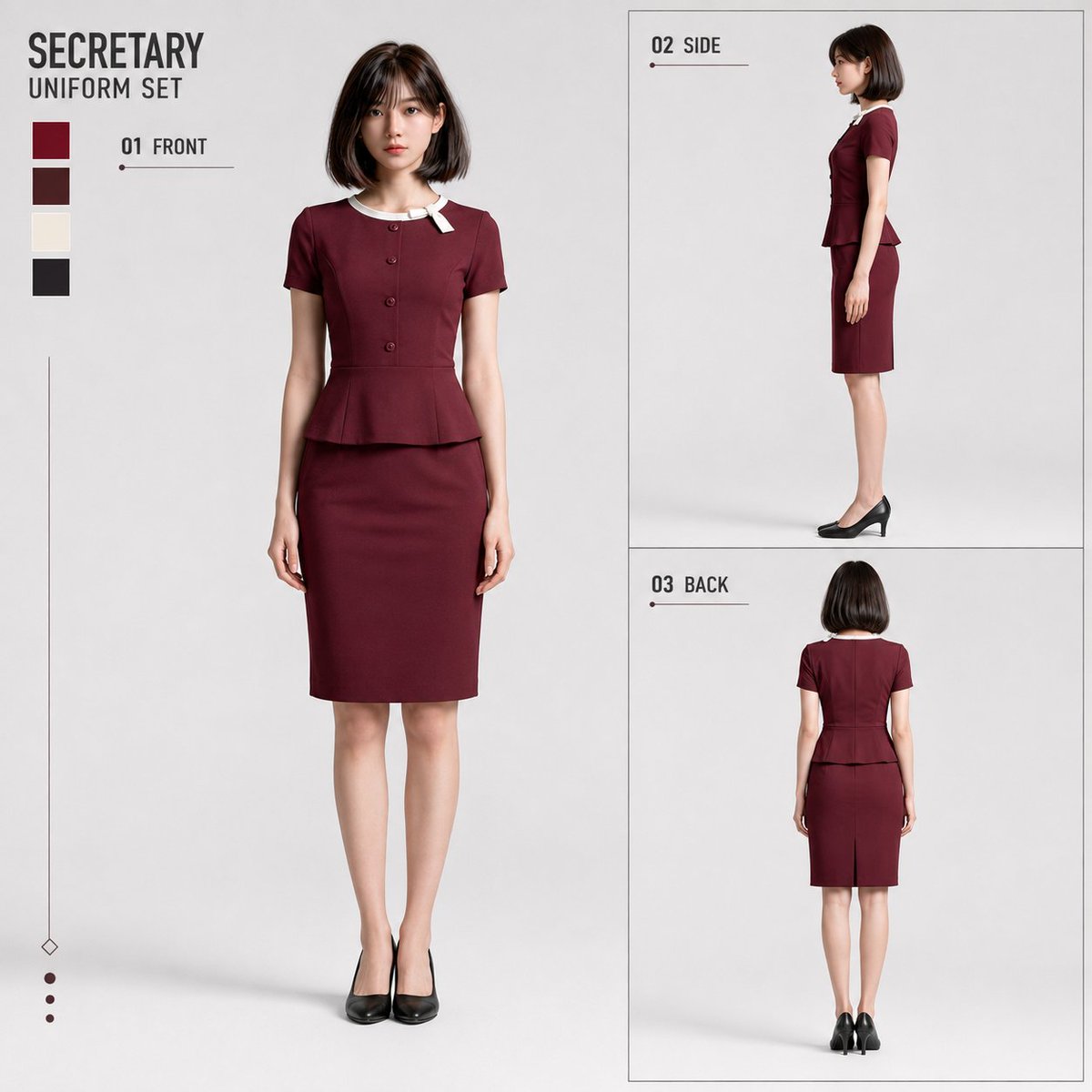 Product Marketing - Secretary Uniform Three-View Character Sheet — output 1
