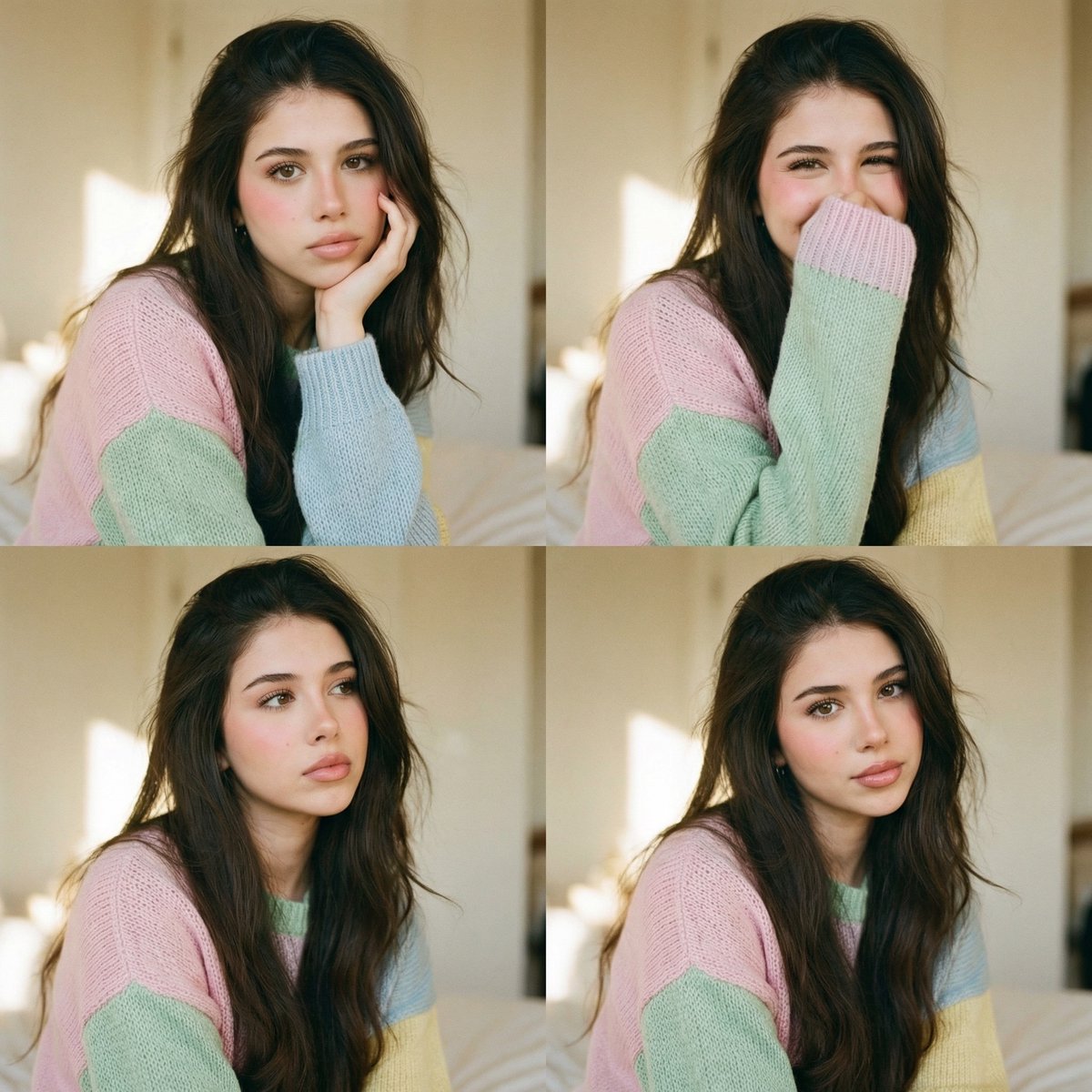 Analog Editorial Portrait Grid in Cozy Bedroom — output 1