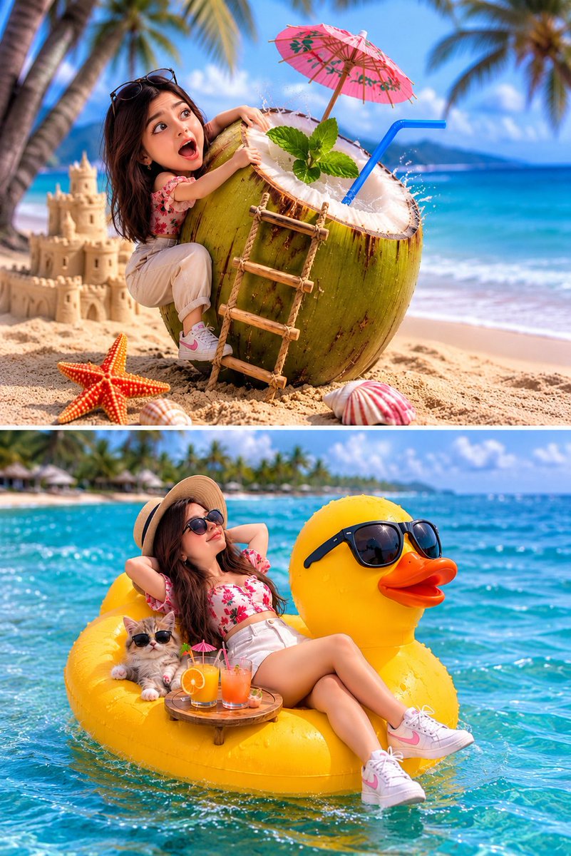 Social Media Post - Whimsical Tropical Split-Screen Vacation — output 1