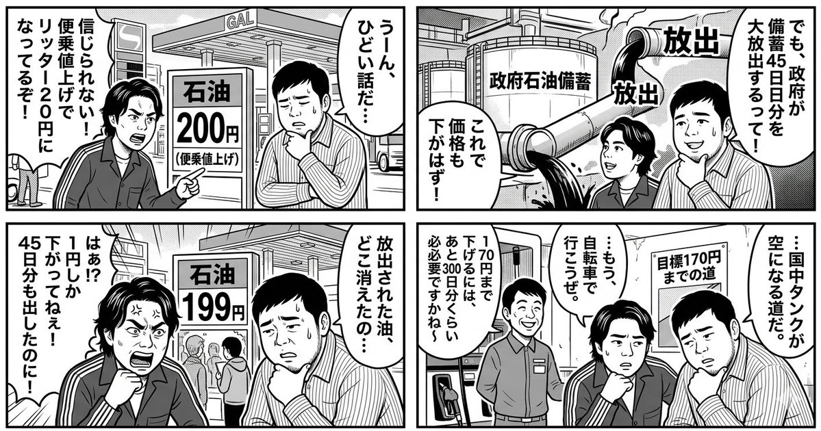 Comic / Storyboard - 4-Panel Manga: The Long Road to 170 Yen Gasoline Price — output 1