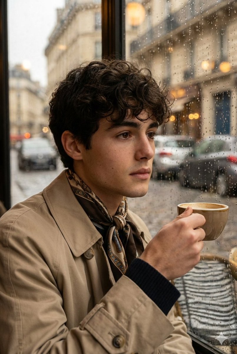 Ultra-realistic cinematic portrait through a rain-soaked café window — output 1
