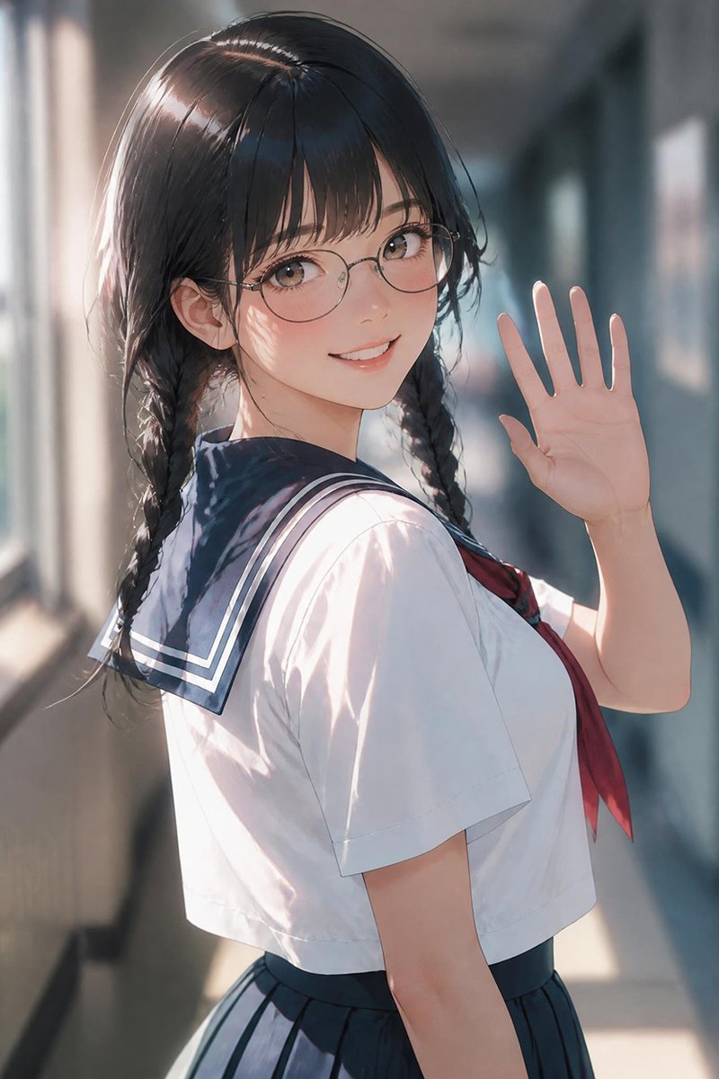 Profile / Avatar - Waving Schoolgirl in Sunlit Hallway — output 1
