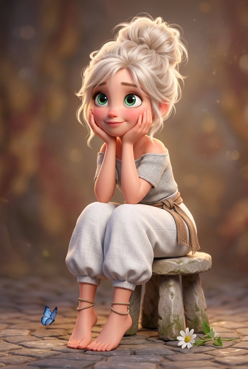 Game Asset - 3D Stylized Cartoon Girl on Stone Stool — output 1