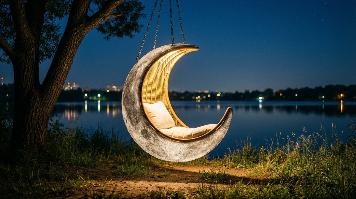 Cinematic lakeside hanging chair concept prompt with space object theme — output 1