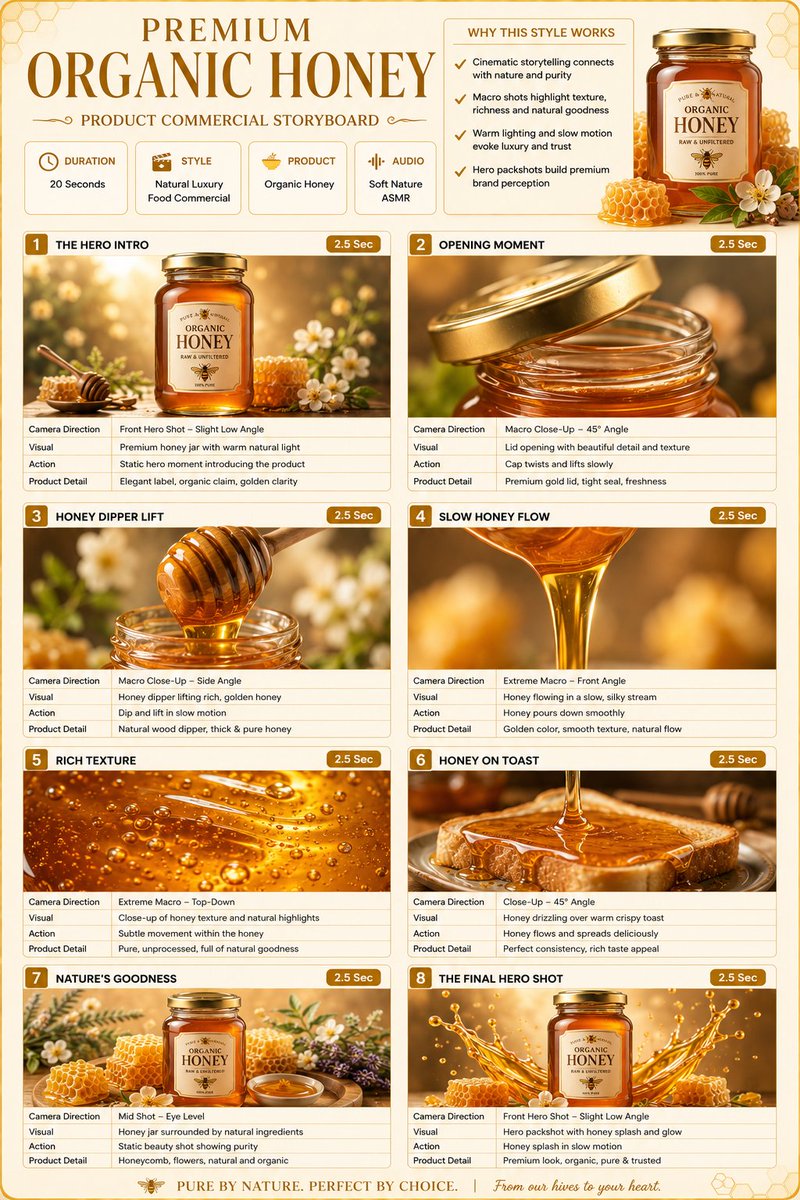 Comic / Storyboard - Premium Organic Honey Commercial Storyboard — output 1