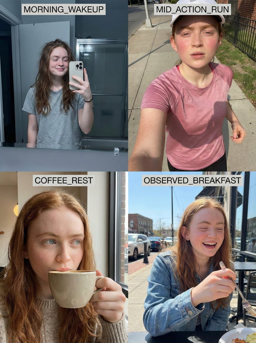 8K RAW Consistent Identity Daily Routine Grid (Sadie Sink) — output 1