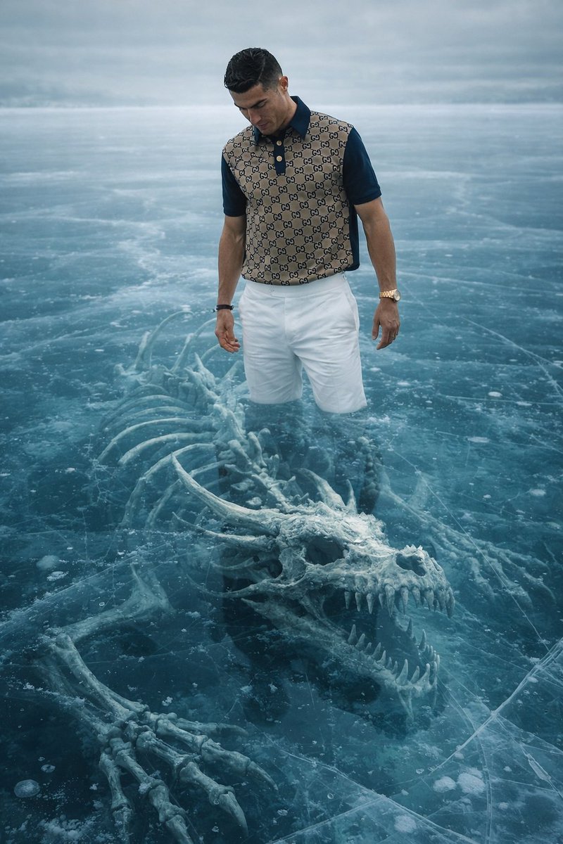 8K Ultra-Realistic Promotional Image of a Man on Ice with a Submerged Skeleton — output 1