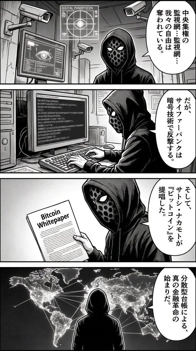 Four-panel manga about Bitcoin from cypherpunk view — output 1