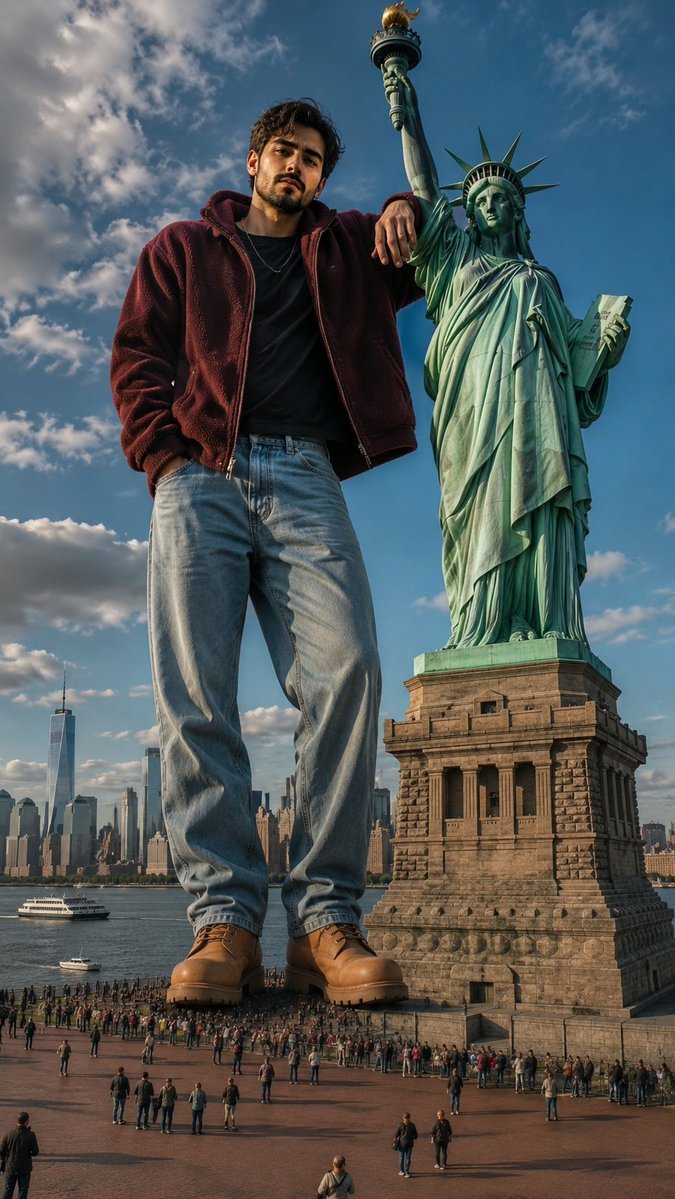 Social Media Post - Giant Man Standing by Statue of Liberty — output 1