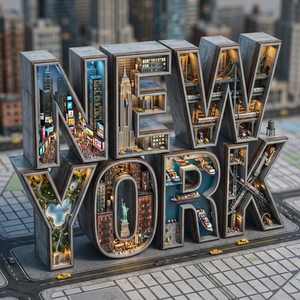 Architectural Typography Micro-World Render Prompt (New York) — output 1