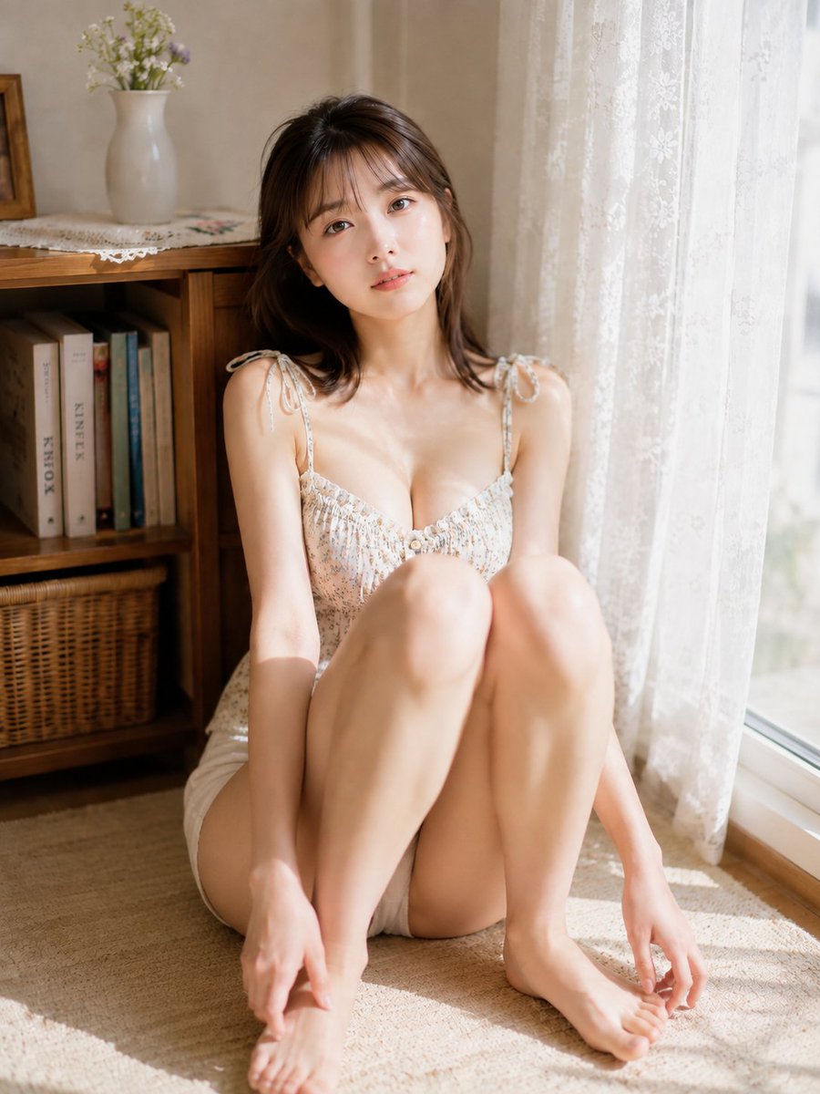 Social Media Post - Bookshelf and Lace Window Morning Portrait — output 1