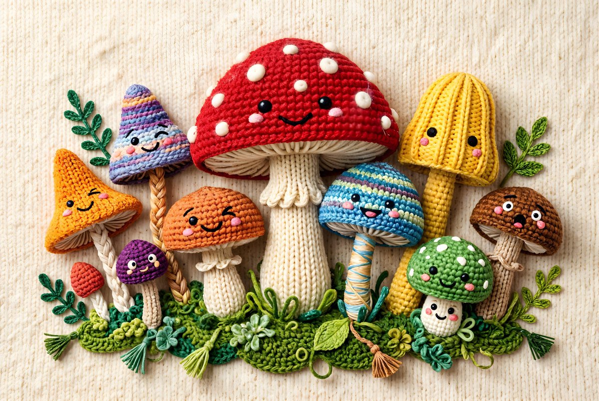 Comic / Storyboard - Whimsical Yarn Style Mushrooms — output 1