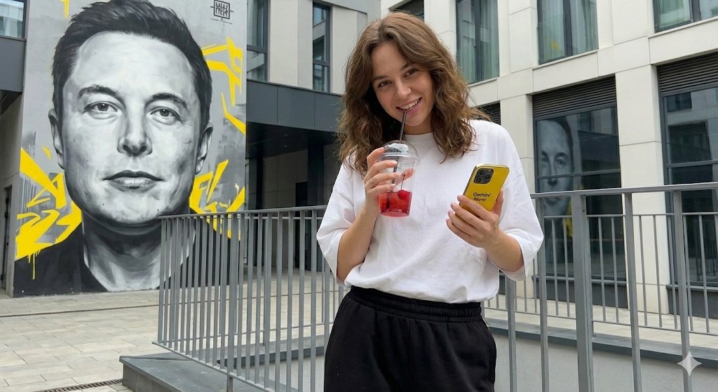 Urban Lifestyle Portrait with Elon Musk Mural Background — output 1