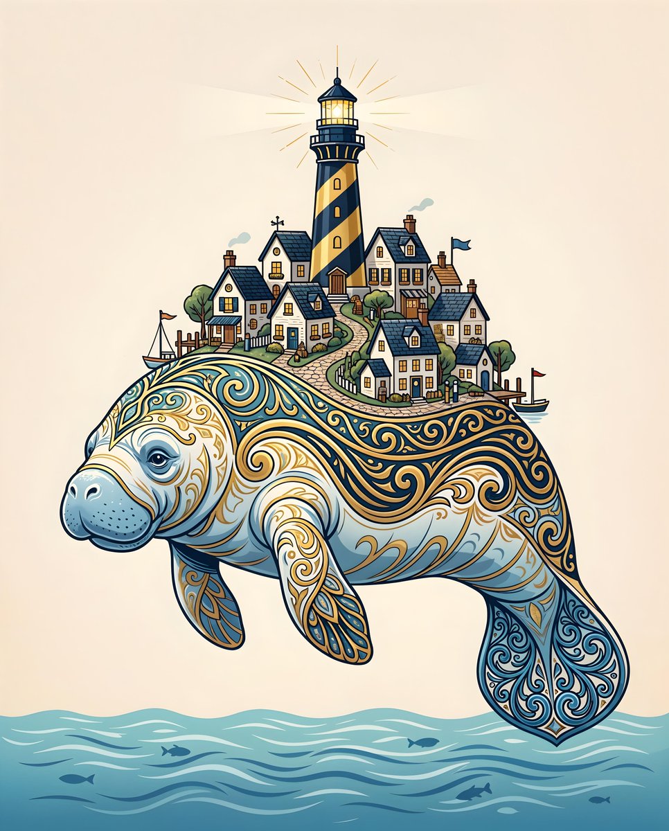 Majestic Manatee Village Illustration — output 1