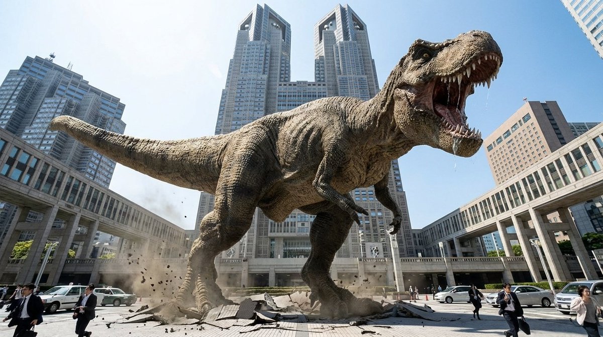 Dinosaur appearing in front of Tokyo Metropolitan Government Building — output 1