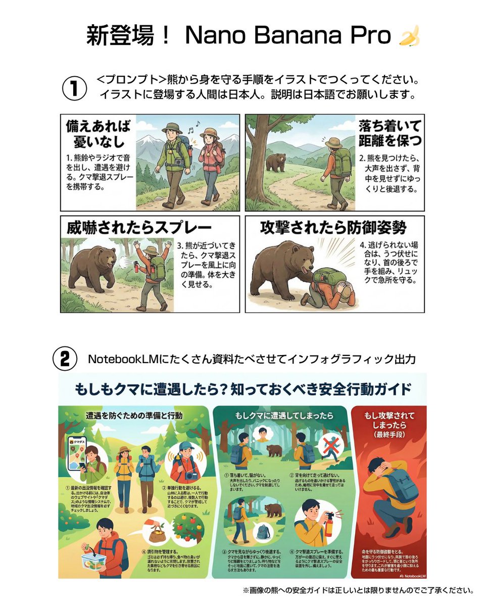Bear safety instruction illustration in Japanese — output 1
