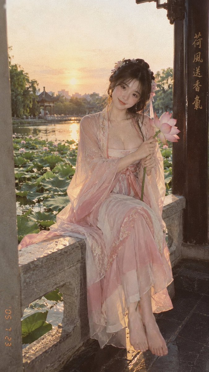Social Media Post - Lotus Pond Hanfu Sunset Portrait — output 1