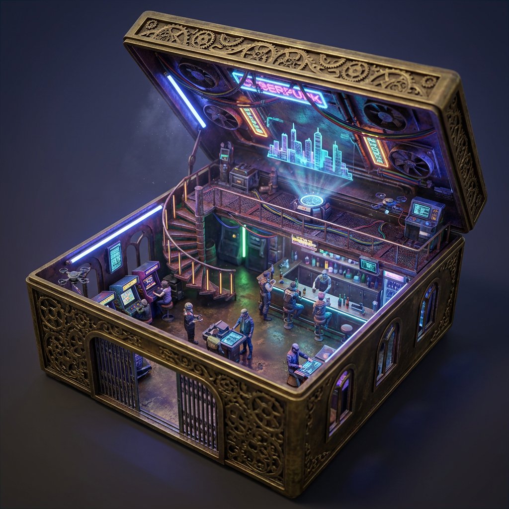 Game Asset - Ornate Box Diorama Prompt (Cyberpunk Pub) — output 1