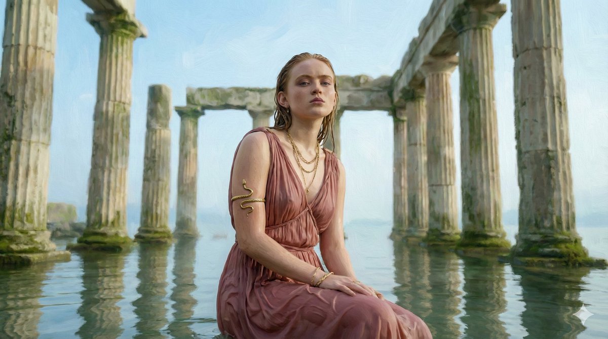 Cinematic Sadie Sink-Inspired Portrait in Flooded Ancient Ruins — output 1