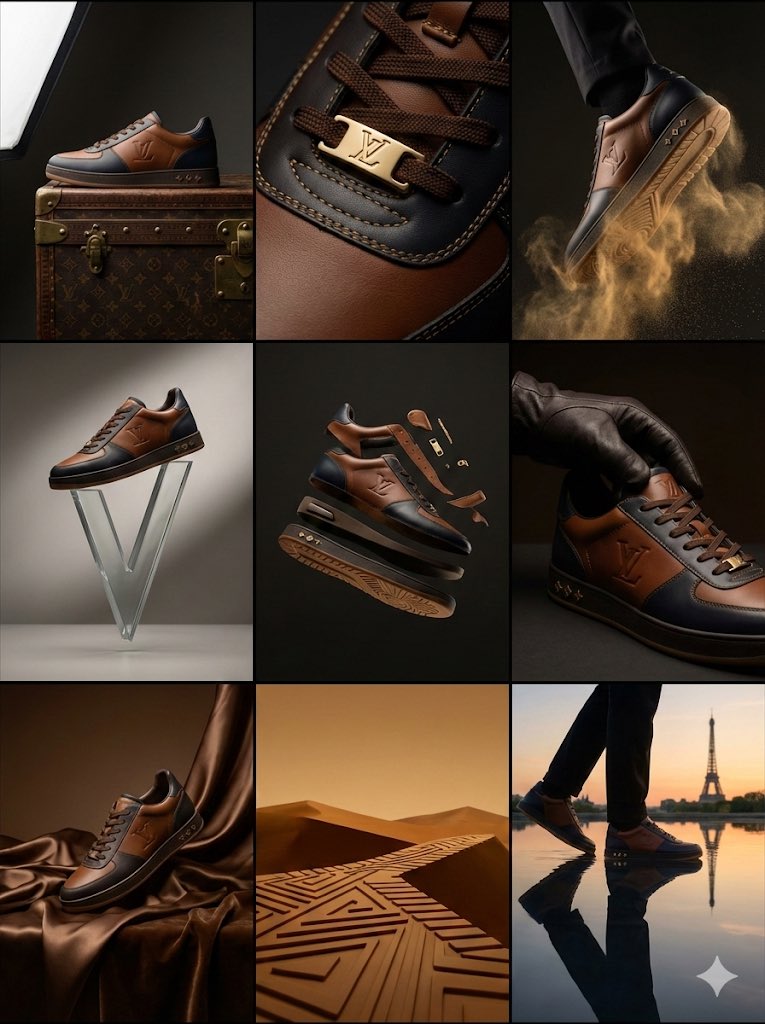 E-commerce Main Image - Louis Vuitton Sneaker Editorial Grid (9-Panel Concept) — output 1
