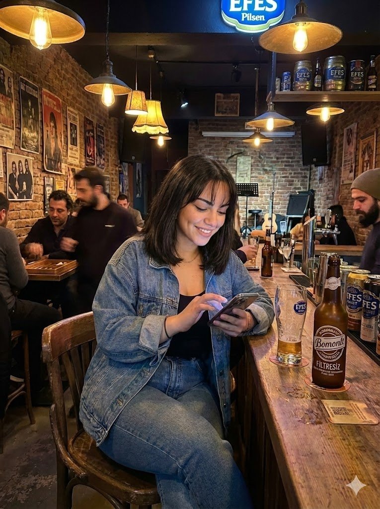 Social Media Post - Candid Bar Scene with Phone and Beer Details — output 1