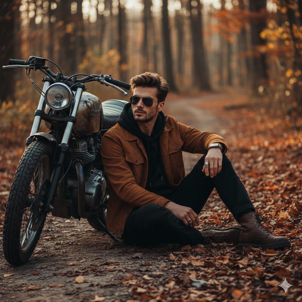 Cinematic Autumn Portrait of Man with Vintage Motorcycle — output 1