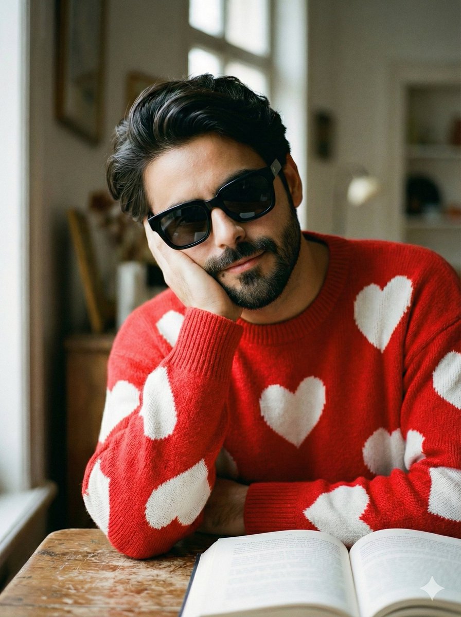Intimate Portrait of Man Reading in Red Heart Sweater — output 1