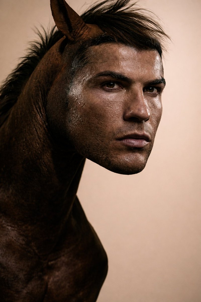 Game Asset - Hybrid Humanoid-Horse Portrait (Ronaldo/Messi inspired) — output 1