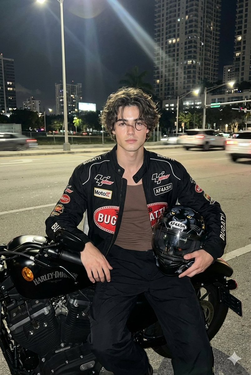 Nighttime Motorcycle Photo with Face Replacement Prompt — output 1