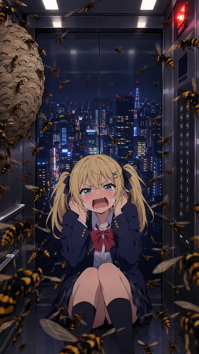 Comic / Storyboard - Terrified Anime Girl in Wasp-Filled Elevator — output 1
