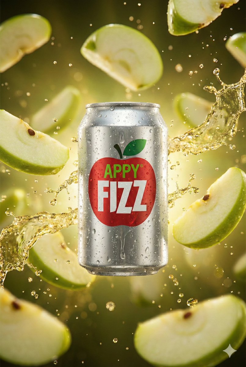 E-commerce Main Image - Hyper-realistic cinematic product shot of Appy Fizz can with exploding apple slices — output 1