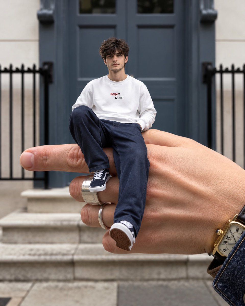 Social Media Post - Surreal Miniature Person on Giant Hand — output 1
