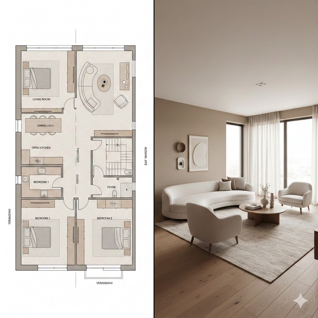 Prompt for Generating Architectural Floor Plan and Photorealistic Interior Comparison — output 1