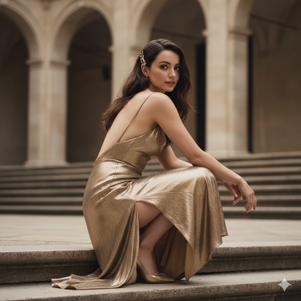 Ana de Armas Golden Gown Courtyard Portrait — output 1