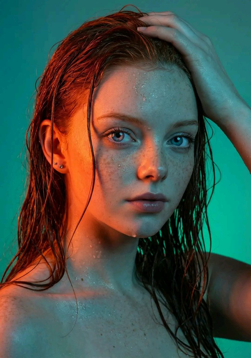 Dramatic Neon Portrait with Wet Hair and Color Contrast — output 1