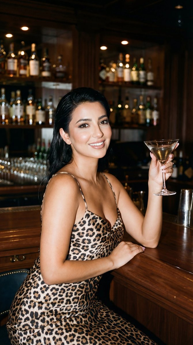 Social Media Post - Photoreal Luxury Bar Portrait (Leopard Dress) — output 1