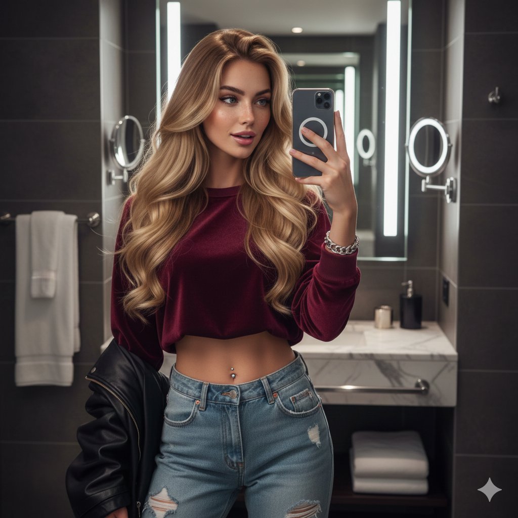 Profile / Avatar - Hyper-detailed mirror selfie of a young woman in luxury bathroom — output 1